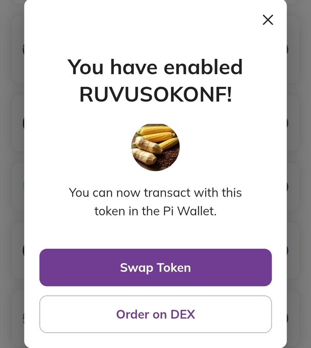 The image shows a Pi Wallet confirmation pop-up stating "You have enabled RUVUSOKONF!" with an icon of corn, indicating the token is now available for transactions in the Pi Wallet. It offers two action buttons: a purple "Swap Token" button and a white "Order on DEX" button. This relates to the post's call for real tokens, real liquidity, and real trading on Pi DEX, as RUVUSOKONF appears to be one of the testnet tokens now enabled for swapping or ordering on the platform.