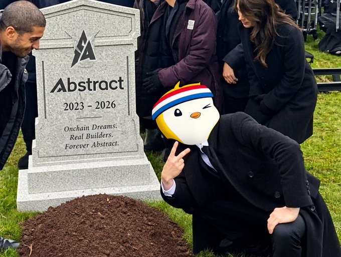 A meme showing a penguin mascot wearing a headband kneeling in front of a tombstone that reads 'Abstract 2023 - 2026', mourning the defunct NFT platform.