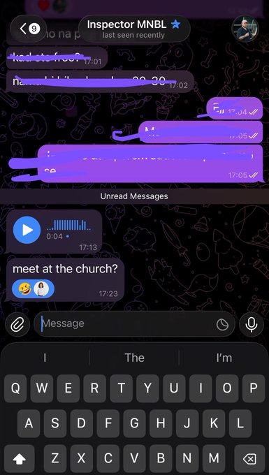 A screenshot of a Telegram chat conversation with 'Inspector MNBL' shows unread messages including a voice clip, the text 'meet at the church?', and a laughing emoji, with the iOS keyboard visible at the bottom.