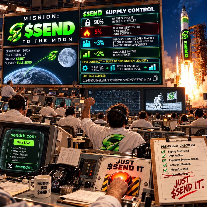 A mission control-style infographic titled '$SEND TO THE MOON' displaying supply control statistics including 90% locked, 5% burned, ~3% community-held, and ~2% open market, with a rocket launch scene.