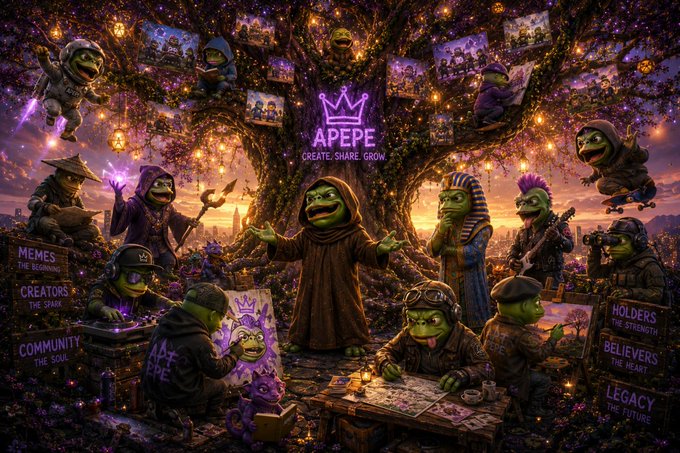 A vibrant, fantastical scene depicts a gathering of Pepe characters around a glowing tree displaying the neon "APEPE" logo with the tagline "CREATE. SHARE. GROW," while surrounding banners highlight core values like "MEMES," "CREATORS," "COMMUNITY," "HOLDERS," "BELIEVERS," and "LEGACY," visually embodying the post's message that APEPE remained committed to building despite others coming and going.