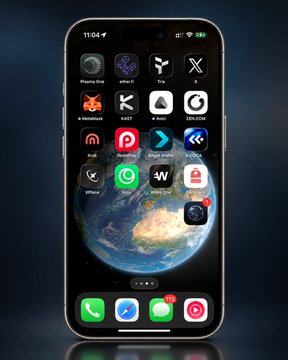 The image shows a smartphone home screen featuring a wallpaper of Earth from space, with various app icons visible including Phantas One, Airlines, Try, X, AI Moonshark, BAYT, Hold, DEFCOM, Krak, Pinterest, Bright wallet, KORU, VTSING, ChatGPT, W, PUSH, and a camera icon, with the time displayed as 11:04. The accompanying post discusses the growth of card apps, specifically highlighting Krak's install growth, which corresponds to the "Krak" app icon visible in the top row of the home screen.