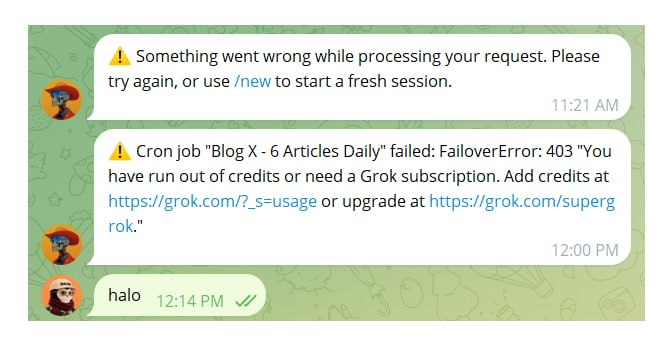 The image shows two text messages on a screen with a green background. The first message appears to be from someone named Xai Social Aid, which has been marked as a failure by Cron Job. This failure indicates that the Xai application may have reached its limit or quota for usage. Another message is received at 1:14 AM, possibly from someone named Halo who wants to discuss this issue further with Cron Job regarding the failed social aid application. The text messages are displayed in both uppercase and lowercase letters against a green background, with the messages separated by bullet points, creating a clear layout for easy understanding of the problem at hand.