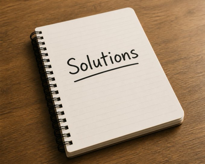A spiral-bound notepad on a wooden surface with the word 'Solutions' handwritten and underlined on the page.