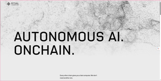 A minimalist website for "Ritual Formulator" featuring the text "AUTONOMOUS AI. ONCHAIN." on a textured white background with a tagline about not needing another chain.