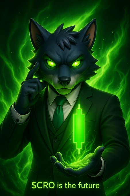 A digital illustration of an anthropomorphic wolf character wearing a green suit and tie, holding a glowing green candlestick chart, with the text '$CRO is the future' at the bottom.
