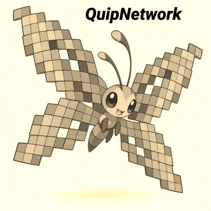 A pixel-art style cartoon butterfly character with brown and tan checkered wings is shown against a white background, labeled "QuipNetwork".