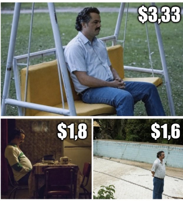 A collage features three images of Pablo Escobar sitting passively in different settings, with overlaid text showing '$3,33', '$1,8', and '$1,6'.