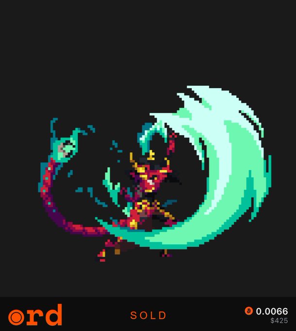 Pixel art illustration of a figure casting a teal energy slash, displayed as a sold NFT listing for 0.0066 ETH ($425).
