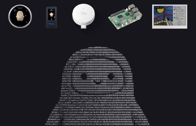 A collage featuring consumer electronics and a Raspberry Pi circuit board at the top, with a circular ASCII art design composed of letters and symbols below.