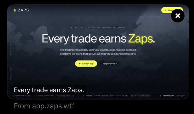 A promotional graphic for Zaps, described as 'the capital allocation network for traders,' stating 'Every trade earns Zaps,' from app.zaps.wtf.