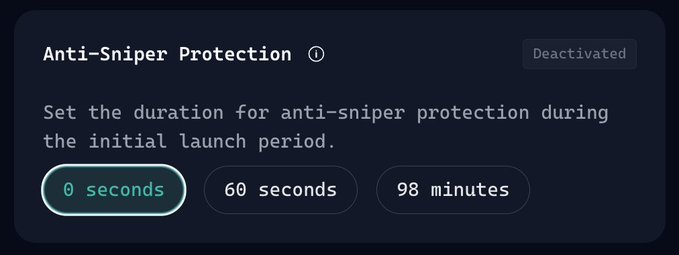 The image shows a screenshot of a computer screen with a message box that reads "Anti-Sniper Protection". The text box contains instructions for setting up an anti-sniping protection system, which includes the duration for which the system should be active during the initial launch period. The message also mentions that there is a community discussion about this topic and asks for their thoughts on the matter.