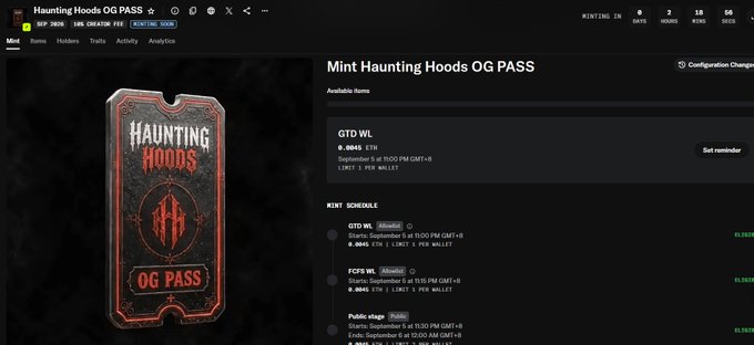 A webpage for 'Haunting Hoods OG PASS' minting on SKIP, showing a red and black card design and a mint schedule with phases like GTD WL, FCFS WL, and Public stage.