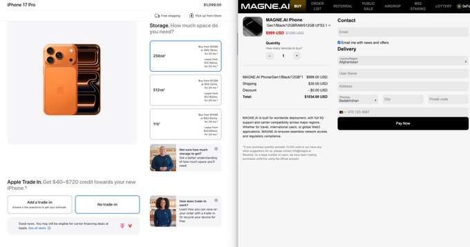 Apple's iPhone 17 Pro purchase page showing 256GB storage at $1,099.00 with trade-in options, alongside a MAGNE AI iPhone case order page priced at $199.00 USD.