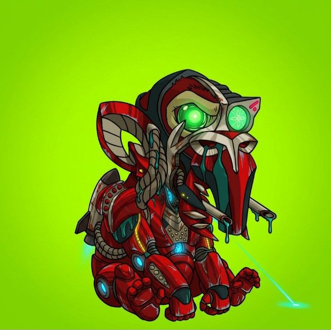 A cartoon-style illustration of a red armored cyborg or robot character with glowing green eyes, posed against a bright green background.
