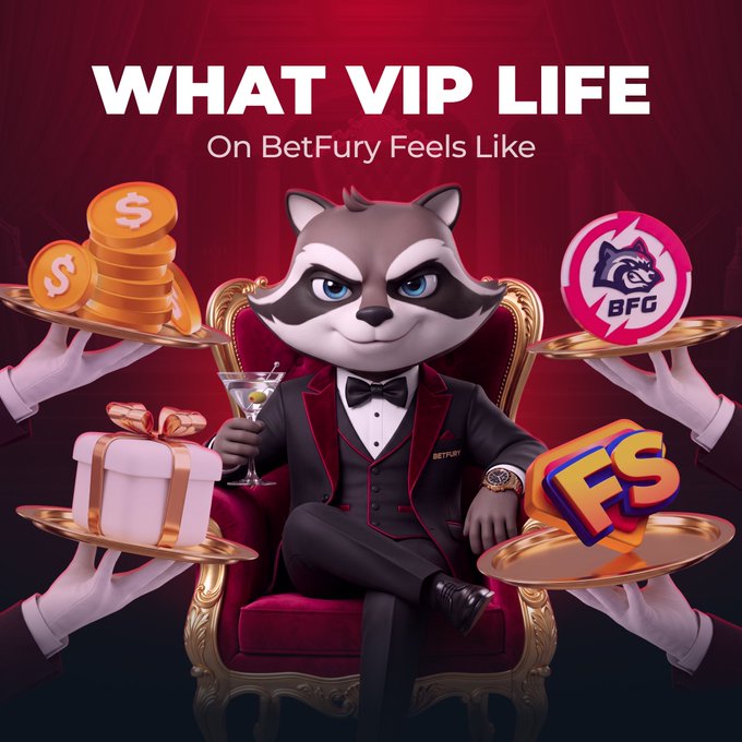 A BetFury promotional graphic titled 'WHAT VIP LIFE On BetFury Feels Like' showing an anthropomorphic raccoon in a suit on a throne surrounded by trays of coins, gifts, and FS tokens.