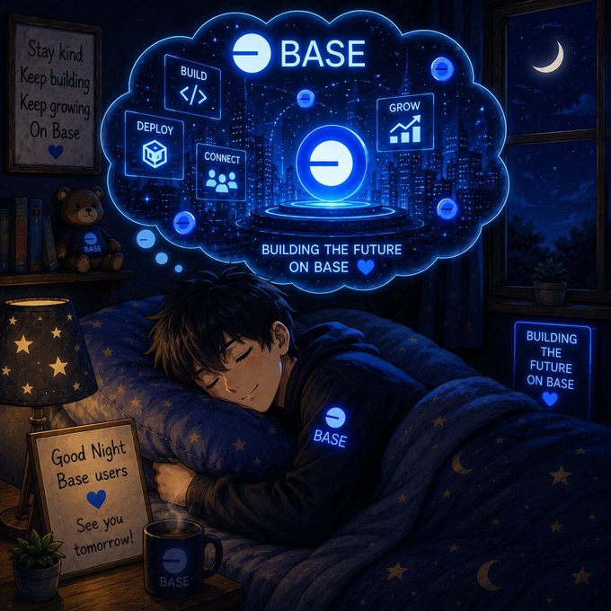 A night scene illustration of a boy sleeping in bed dreaming of a glowing blue "BASE" cloud labeled "BUILDING THE FUTURE ON BASE" with options like BUILD, DEPLOY, CONNECT, GROW, surrounded by "Good Night Base users" and "Stay kind Keep building Keep growing On Base" signage.