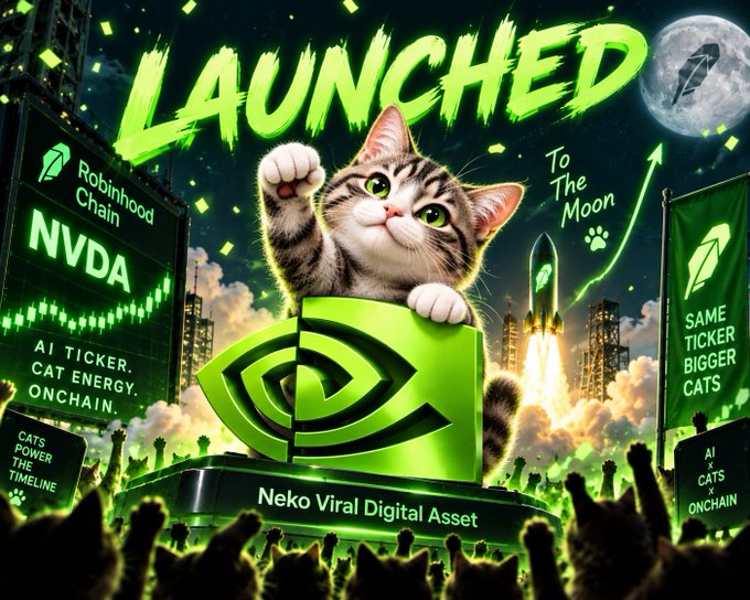 An AI-generated meme image featuring a cat standing behind a podium labeled 'Neko Viral Digital Asset' with the text 'LAUNCHED', 'To The Moon', 'NVDA Robinhood Chain', and slogans like 'AI TICKER. CAT ENERGY. ONCHAIN.'