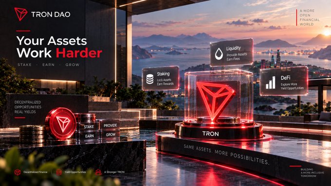 TRON DAO promotional banner reading 'Your Assets Work Harder' with features like Staking, Liquidity, and DeFi, set against a cityscape.