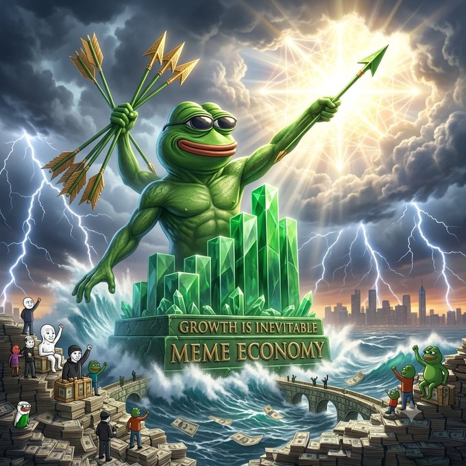 A dramatic digital illustration of a muscular Pepe the Frog statue holding arrows and a spear, standing on green crystals with a plaque reading "GROWTH IS INEVITABLE MEME ECONOMY," surrounded by lightning, money, and a city skyline.
