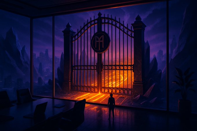 A dramatic illustration of a silhouetted figure standing before ornate iron gates marked with an 'H' monogram, opening to reveal a fiery cityscape against a purple twilight sky.