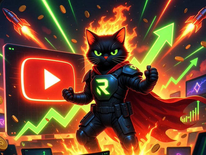 A digital illustration depicts a black cat wearing futuristic armor and a red cape, giving a thumbs-up in front of a YouTube play button logo, with green upward arrows and fire effects.
