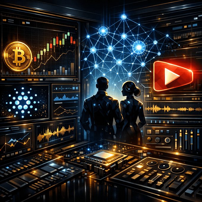 A stylized digital illustration showing two figures standing before a network of glowing blue nodes, with a Bitcoin logo and trading charts on screens and a YouTube play button icon visible.