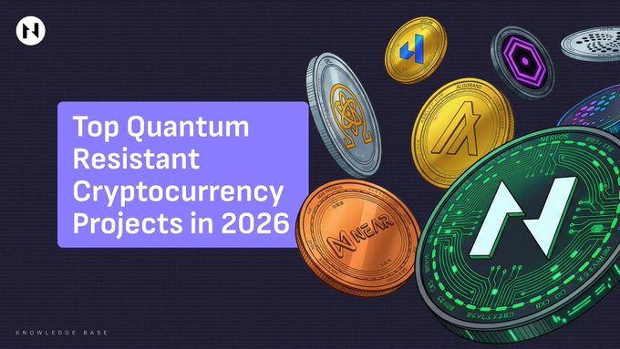 A purple and black graphic titled 'Top Quantum Resistant Cryptocurrency Projects in 2026' featuring various crypto coin icons including Namecoin and others.