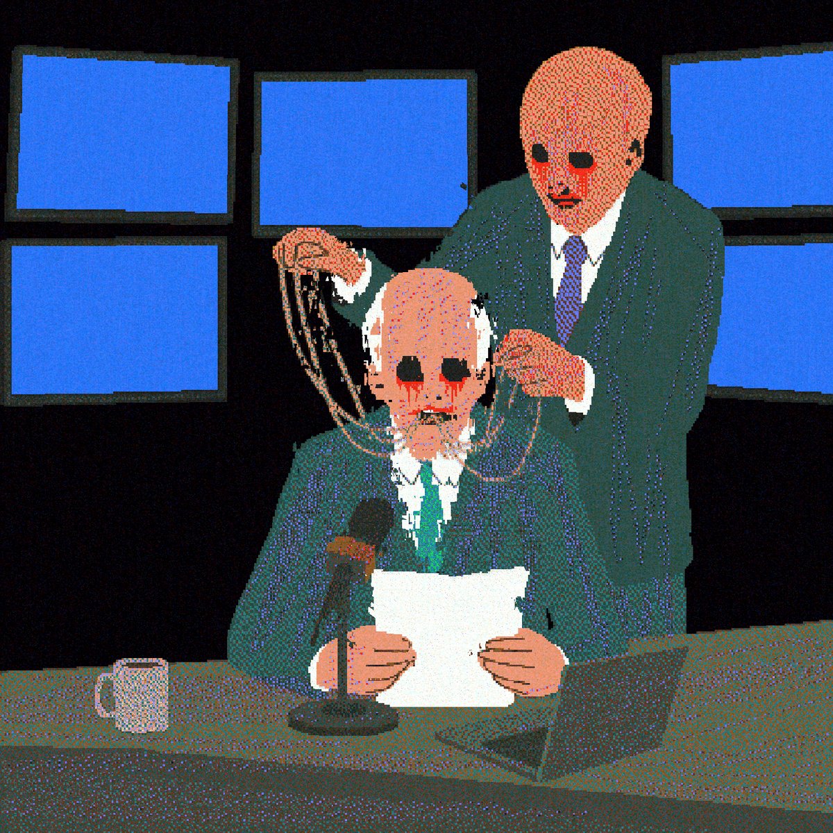 The image features two men sitting at a desk, with one man holding a microphone while another man holds onto his hair or something else. The background includes multiple TV screens displaying news content. The caption of the image reads "Focus on what is in the image and how it relates to the post".