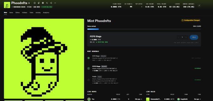 A webpage for 'Phoodnfts' on the Hedera blockchain (Account ID 0.0.1062952) showing a pixel-art green character with a hat, a minting interface for 'FCFS Stage' with 334/3,333 items minted, and live mint activity listings.