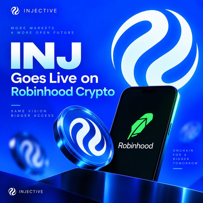 An Injective promotional graphic announcing 'INJ Goes Live on Robinhood Crypto' with 'More Markets, A More Open Future' and 'Same Vision, Bigger Access' text.