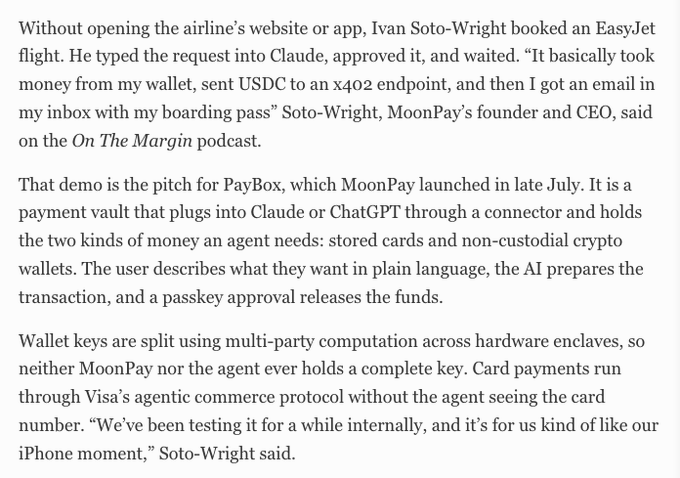 The image shows a news article about MoonPay launching PayBox, a payment vault that enables AI agents like Claude to execute transactions using stored cards and non-custodial crypto wallets, demonstrated by CEO Ivan Soto-Wright booking an EasyJet flight via USDC on the x402 endpoint.