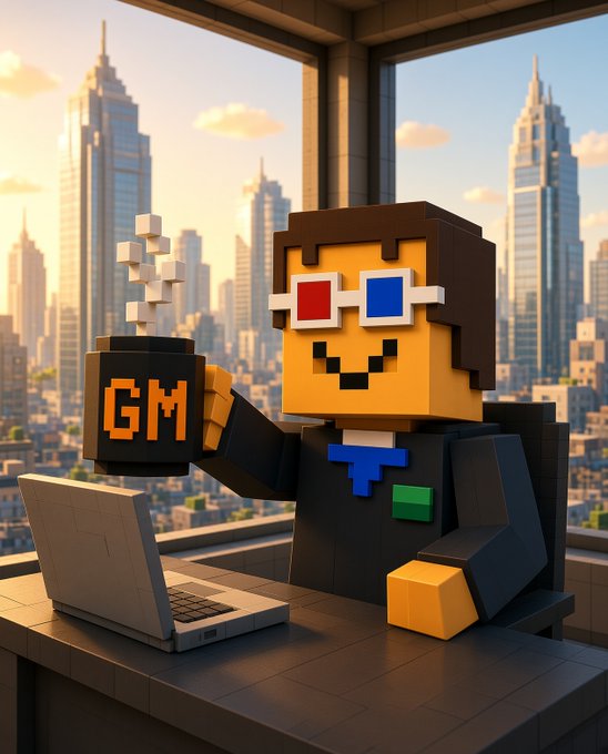 A voxel-style 3D character wearing red and blue 3D glasses holds a mug labeled 'GM' while sitting at a desk with a laptop, overlooking a city skyline.
