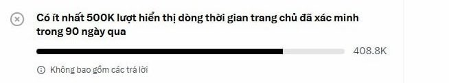 The image shows X's account verification requirement notification stating "Có ít nhất 500K lượt hiển thị đồng thời gian trang chủ đã xác minh trong 90 ngày qua" (At least 500K impressions while being verified on the homepage in the past 90 days), with a progress bar showing 408.8K achieved. This reflects the poster's frustration about needing to reach 500K views within 3 months to qualify for X's pay verification, while they've only managed 408.8K so far.