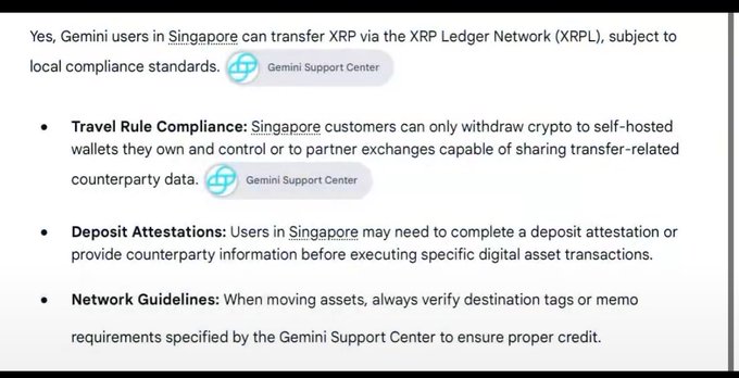 A Gemini Support Center response confirming that Singapore users can transfer XRP via the XRP Ledger Network, subject to local compliance standards including Travel Rule and deposit attestation requirements.