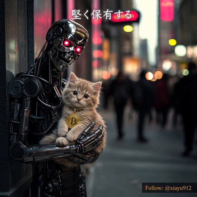 A futuristic robot with glowing red eyes holds a small kitten wearing a Bitcoin medallion on a city street, with Japanese text '堅く保有する' and 'Follow: @xiayu912'.