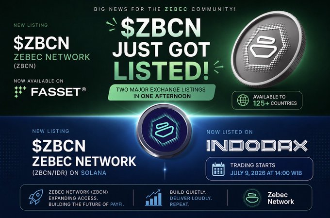 A promotional graphic announcing '$ZBCN JUST GOT LISTED!' on Fasset and Indodax exchanges, with trading on Solana starting July 9, 2026 at 14:00 WIB for the Zebec Network.