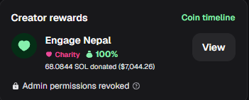 The image shows a "Creator rewards" panel for Engage Nepal, a charity coin, highlighting that 68.0844 SOL ($7,044.26) has been donated, with 100% of proceeds going to charity. This visually confirms the post's claim that $7K was donated to help Nepal, tying the $BLUEHOUSE community's charitable impact to the donation figures.