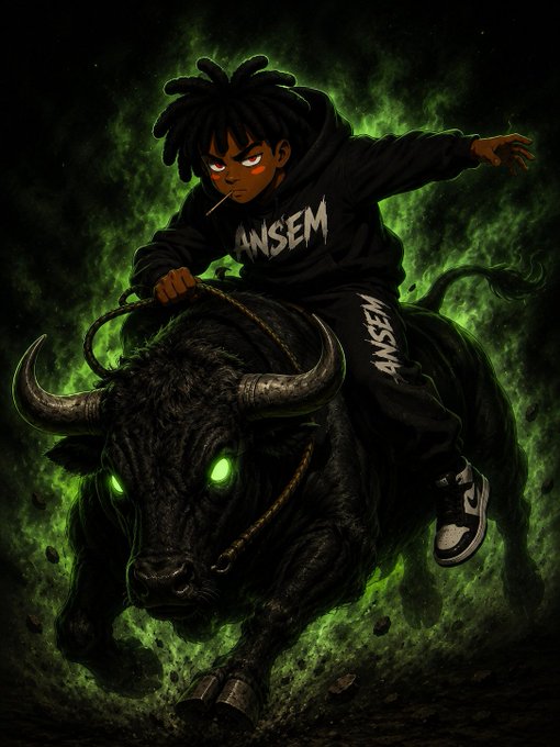 A stylized digital artwork of an anime-style character with dreadlocks wearing an 'ANSEM' hoodie, riding a glowing-eyed black bull surrounded by green ethereal flames.