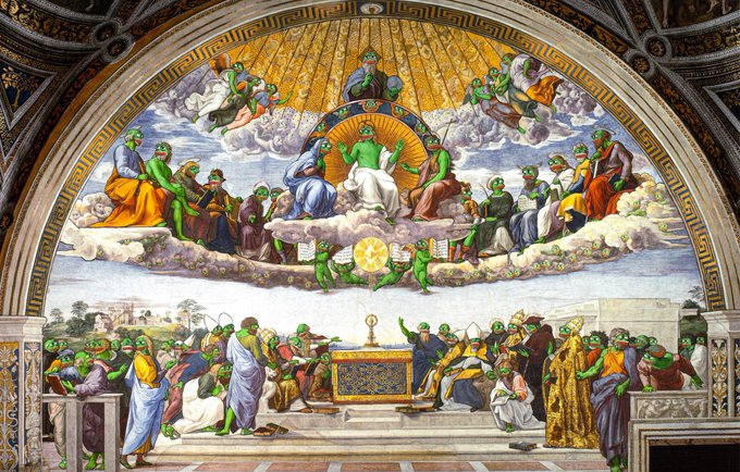 A classical religious fresco depicts a heavenly scene with robed figures, clouds, and angels, featuring a central figure with a green face seated on a throne above a group gathered around an altar.