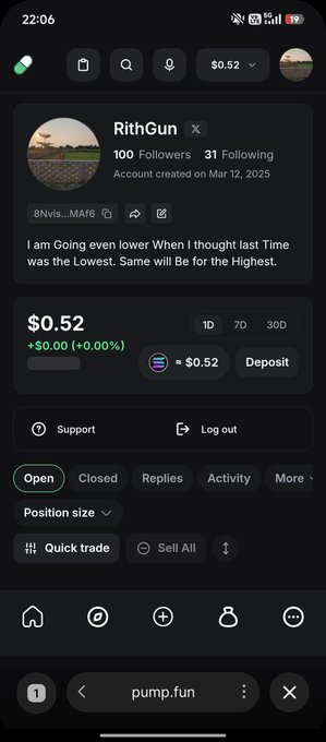 A mobile screenshot of a pump.fun page shows a user called 'RithGun' with a profile featuring the bio 'I am Going even lower When I thought last Time was the Lowest. Same will Be for the Highest.' and a token valued at $0.52.