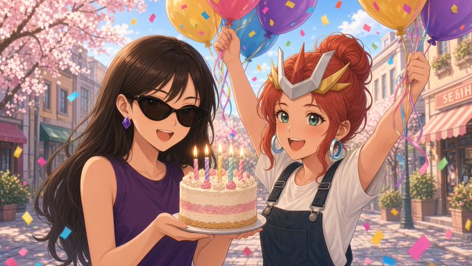 An anime-style illustration depicts two girls celebrating a birthday outdoors, with one holding a birthday cake with lit candles while the other joyfully raises colorful balloons amid falling confetti.