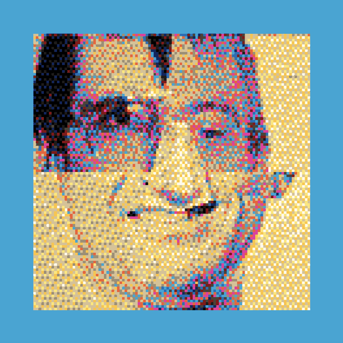 A highly pixelated, mosaic-style image of a person's face in shades of yellow, pink, and blue against a solid blue background.