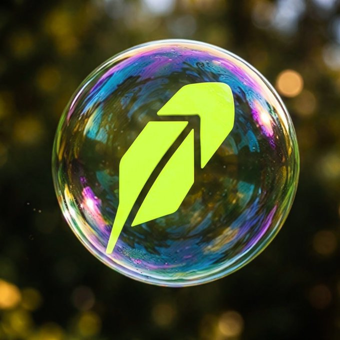 A glowing green stylized leaf logo, resembling the Robinhood icon, is displayed inside a colorful, iridescent soap bubble against a blurred background.