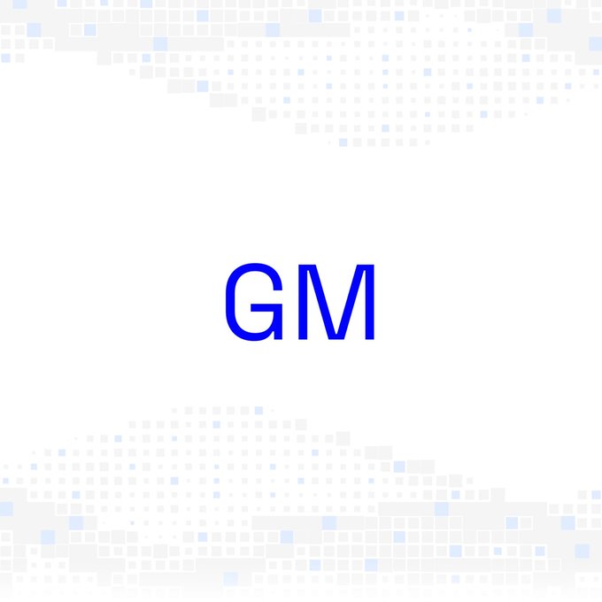 The image displays the letters "GM" in bold blue text centered on a white background with a pixelated light blue mosaic pattern along the top and bottom edges. This visual ties directly to the post's "gm" greeting—a common crypto/web3 term meaning "good morning"—while the pixelated aesthetic complements the @base blockchain reference and the optimistic "great day to build" sentiment.