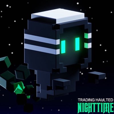 A pixel art illustration of a dark robotic character with glowing green eyes and stripes, holding a green gem against a starry space background, branded 'TRADING HAULTED NIGHTTIME'.