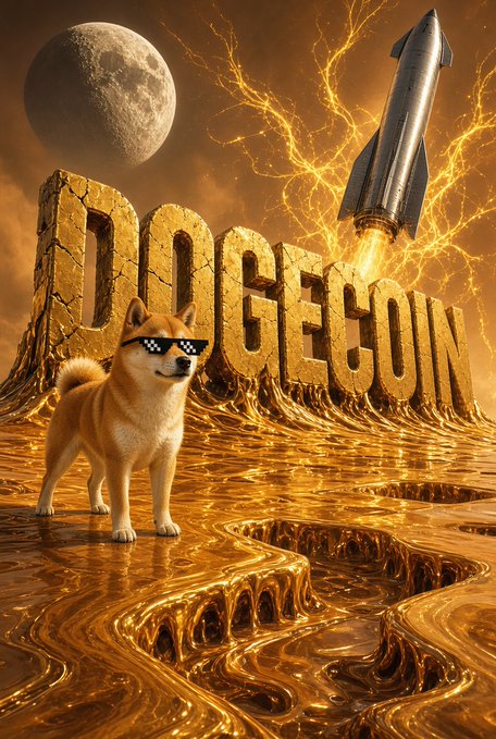 A surreal golden scene shows a dog wearing pixelated sunglasses in front of large cracked letters spelling “DOGECON,” with a rocket, moon, lightning-like cracks, and molten liquid below.