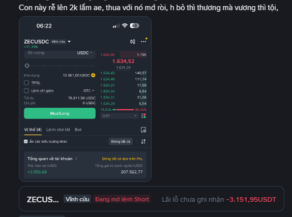 A mobile trading interface shows the ZEC/USDC pair down 11.19% to 1,634.52, with Vietnamese text translating to a roughly 2k loss and mentions of pump and dump cycles.