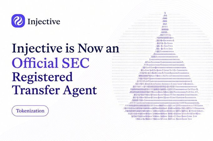 Promotional graphic from Injective announcing that it is now an official SEC Registered Transfer Agent, tagged under 'Tokenization' with a text-art rocket on the right.