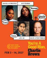 The image is a promotional poster for the New York City Center Encores production of "You're A Good Man, Charlie Brown," running Feb 3-14, 2027, featuring headshots of the cast: Maviellé Brooks (Lucy), Zhailon Levingston (Snoopy), Charlie Brown, Clinton Johns (Linus), and David Wyrst Pierce. The post's reference to "the ayo snoopy tether" highlights the special connection fans have with the Snoopy character, played by Zhailon Levingston in this production.